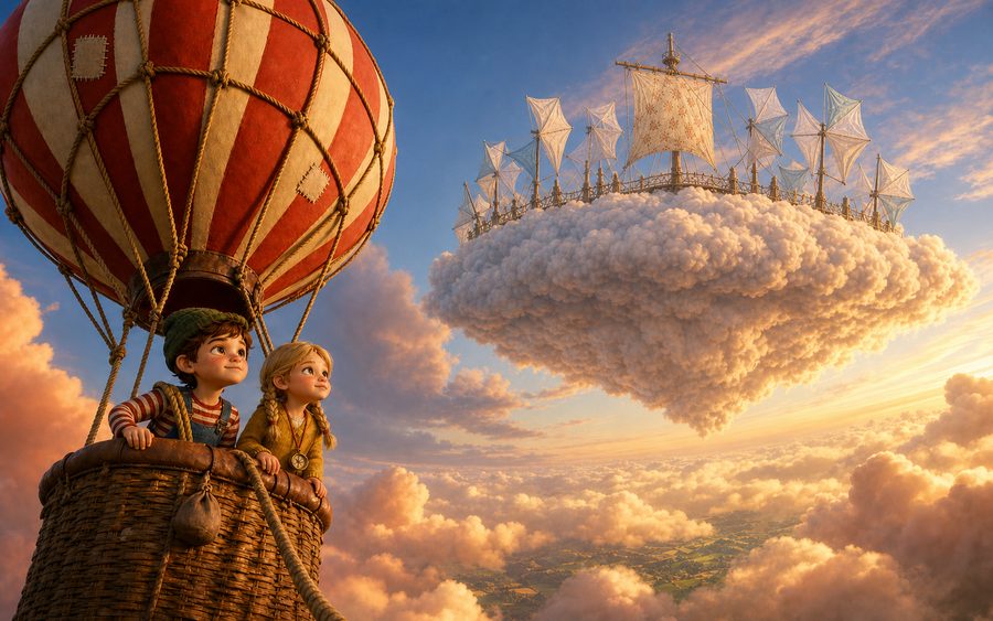 Cover of The Cloud Ship: two children in a striped balloon look up at a flying island made of cloud.