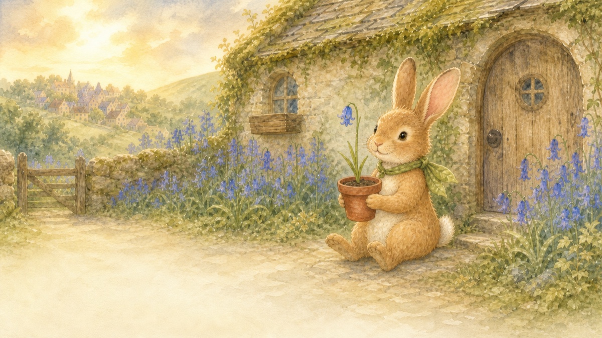 A young hare carrying a flower from her old home