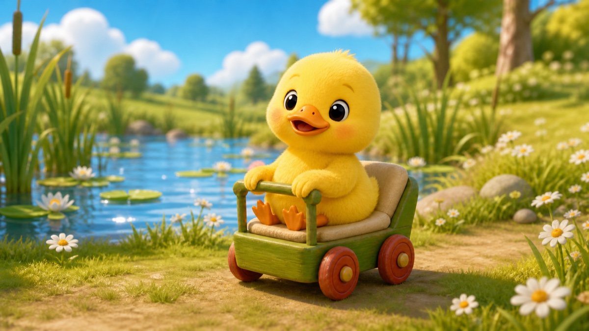 A duckling moving beside a pond in her wheeled cart