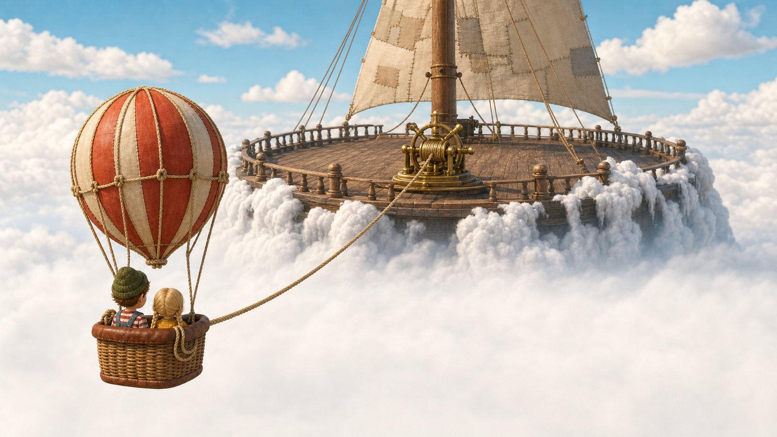A page from The Cloud Ship: an island made of cloud with a ship's deck on top, seen from a hot air balloon.