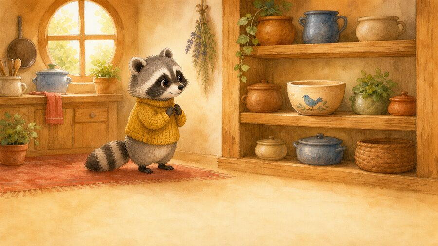 A raccoon in a warm cottage kitchen