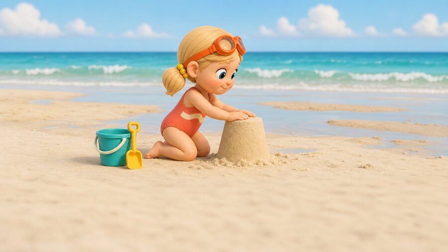 A child building a sandcastle beside the sea