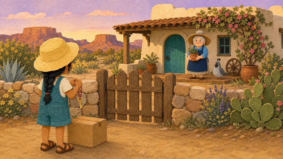 A child arriving at a flower-covered desert home