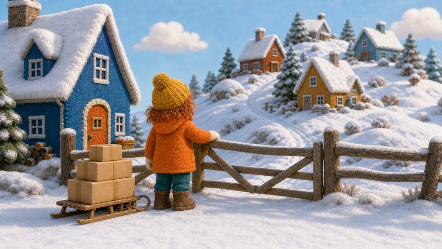 A snowy village from Door in the Snow