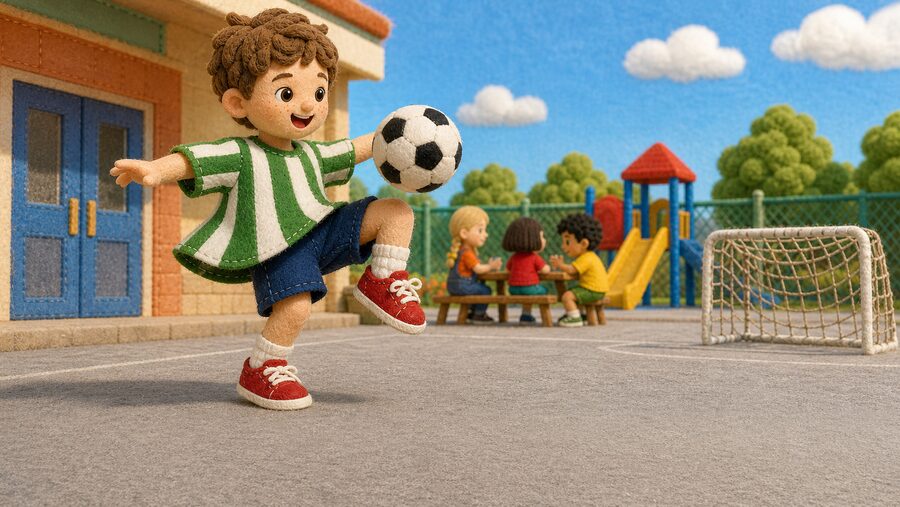 A child charging onto a sunny football pitch