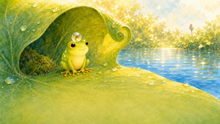 A small frog sheltering beneath a moonflower leaf