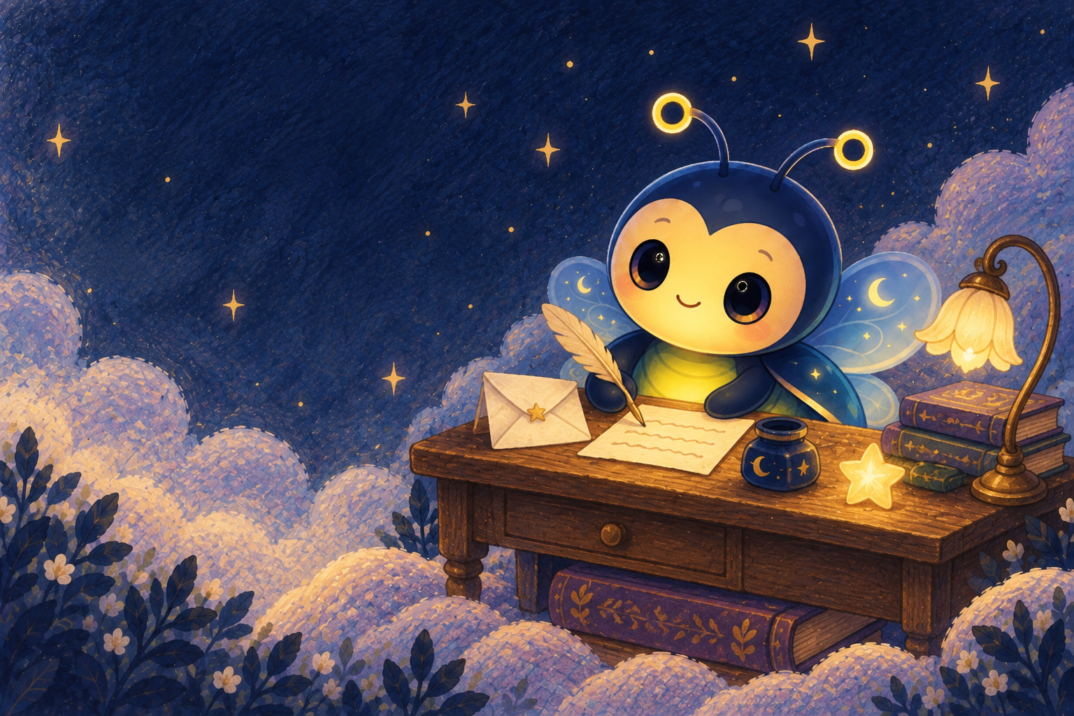 DreamBug writing a friendly note at a small desk beneath a starry sky.